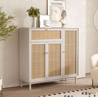 Rattan Weave White Shoe Rack 3 Door | Mango Wood – WoodSculp