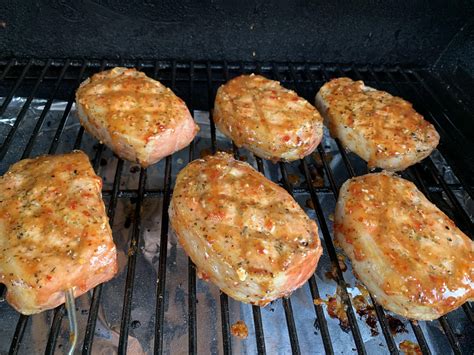 Seared and smoked pork loin chops glazed with sweet chile barbecue : r ...