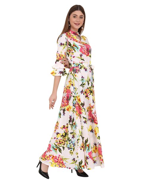 Emeros A-line Floral Print Choker Neck Tie-Waist Off White Maxi Dress ...