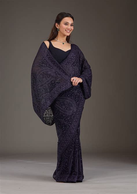 Buy Navy Blue Threadwork Georgette Saree - Koskii