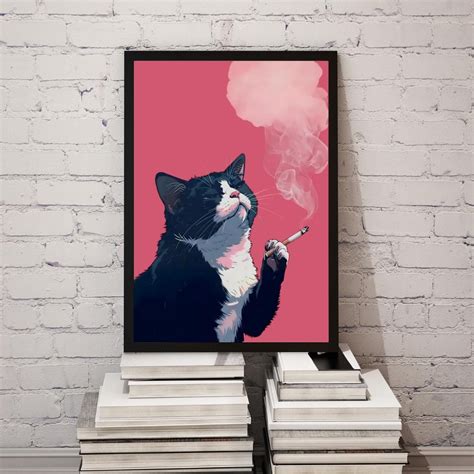 Black Cat Pink Painting, Cat Smoking a Cigarette, Cat Wall Art, Cat ...