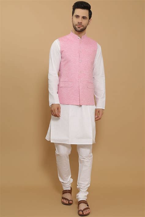 WINTAGE Men's Linen Cotton Pink Modi Nehru Jacket : Pink