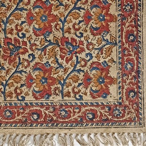 Cream and Red Kalamkari Dhurrie with Block Printed Floral Scroll Patte ...