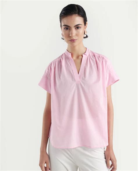 Rareism Women's Nupto Pastel Pink Cotton Extended Sleeves Mandarin Col