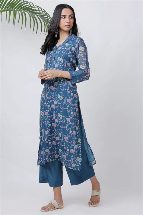 Sapphire Blue Floral Kurta – Ikkat Door