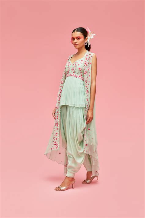 Izmir Embroidered Cape Jacket with Pleated Top and Dhoti Pants ...