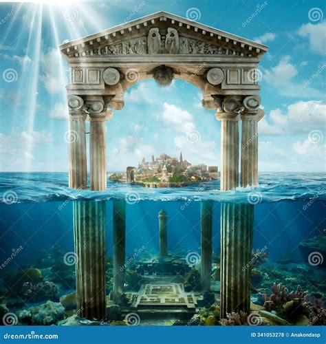 Imaging Construction with Columns of Lost Atlantida World Around Ocean Water. Lost Ancient ...