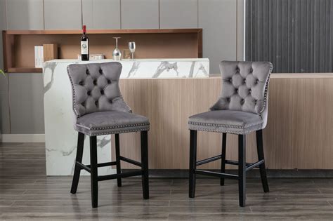 Modern Velvet Barstools Set of 2 with Button Tufted Decoration, Comfy ...