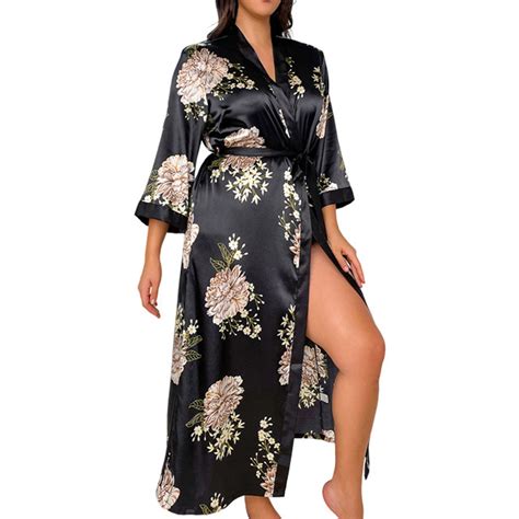 Women's Satin Robe Plus Size 3/4 Sleeve Ruffle Belted Kimono Bathrobe ...