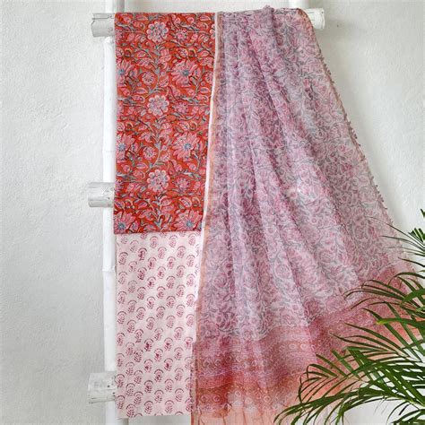 ROZANA-Pure Cotton Jaipuri Orange With Flower Jaal Top And White With ...