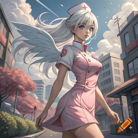 An anime woman with white hair and wings wears a pink nurse dress and ...