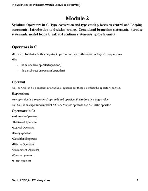 Module 2 BPOPS103 - Module 2 Syllabus: Operators in C, Type conversion ...