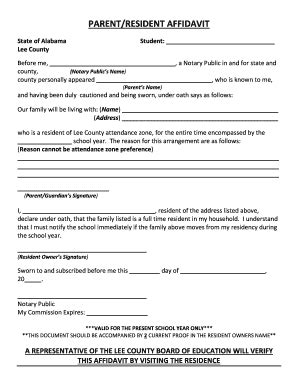 2016 Form AL Lee County Schools Parent/Resident Affidavit Fill Online ...