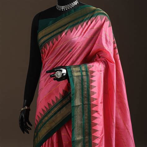 Pink Mercerized Cotton Zari Stripes Saree with Rudraksha Border