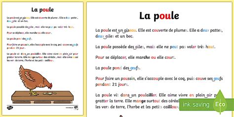 Fiche de lecture avec sons en couleur : La poule