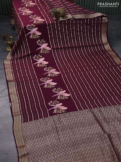Pure crepe saree wine shade with allover zari weaves & embroidery work ...