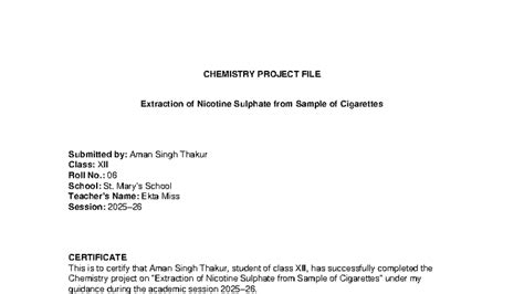 CHEMISTRY PROJECT XII: Extraction of Nicotine Sulphate from Cigarettes ...