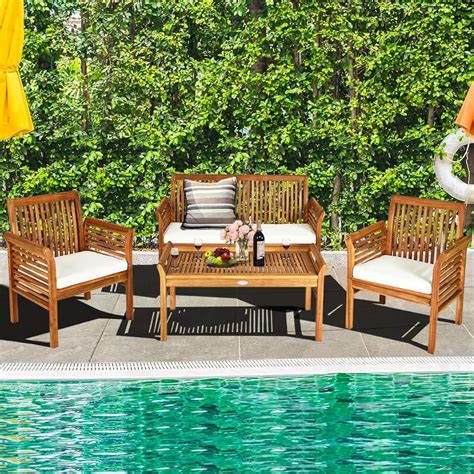Tangkula 4 Piece Outdoor Acacia Wood Sofa Set with India | Ubuy