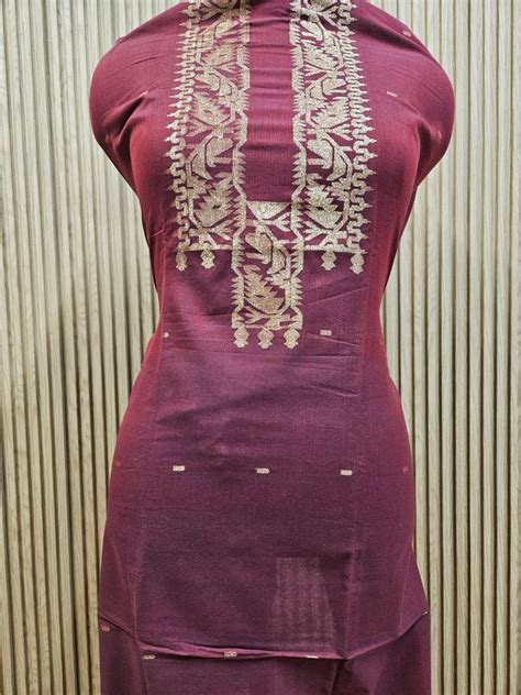 Maroon & Gold Zari Weave handwoven Cotton jamdani Unisex Kurta Unstitc ...