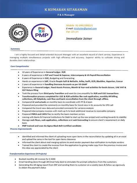 Image result for O2C Process Resume of Manager