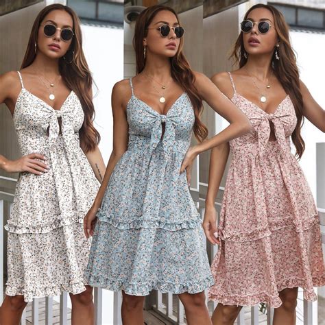 Summer Woman Floal A Line Dress Sweet Elegant Floral Ruffles V Neck ...