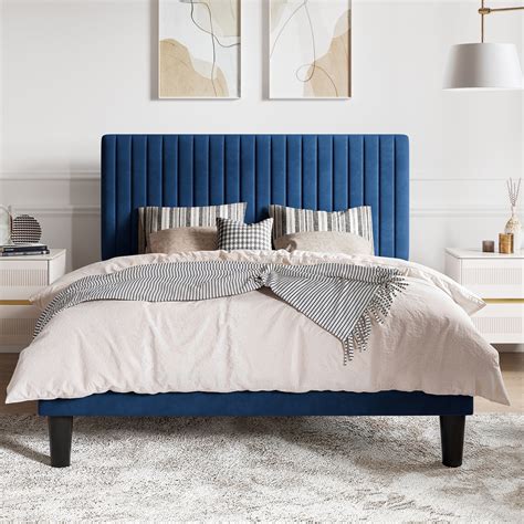 SHA CERLIN Blue Queen Size Upholstered Platform Bed Frame with ...
