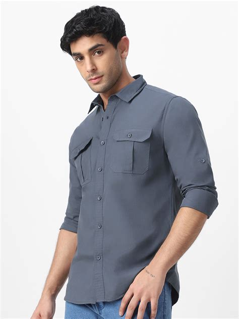 Men's Dark Grey Cotton Full Sleeve Regular Fit Casual Solid Shirt ...