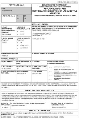 Fillable Online 15130020 (07/31/2015) FOR TTB USE ONLY DEPARTMENT OF ...