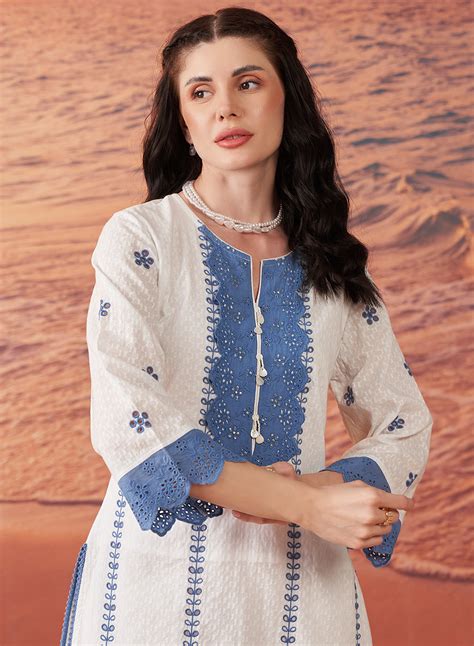 Kiana Berry Blue Embroidered Cotton Dobby Kurta Set for Women – Lakshita