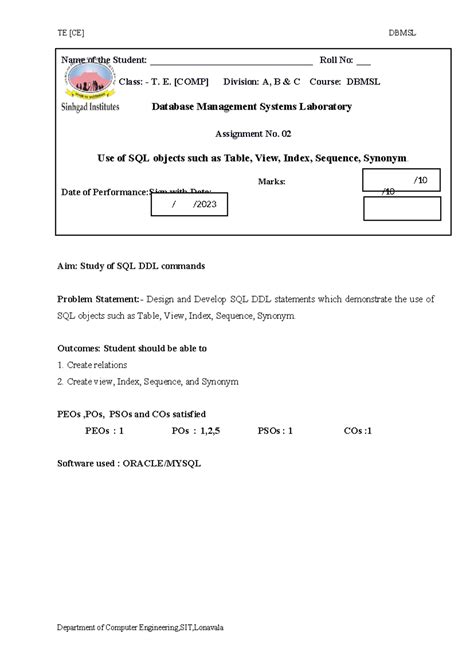 DBMS Assignment No2 - Dbms - Aim: Study of SQL DDL commands Problem ...