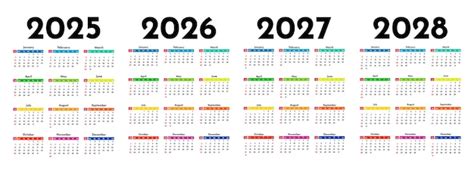 2025年2026年2027年2028年白い背景のカレンダーセット | Premiumベクトル素材