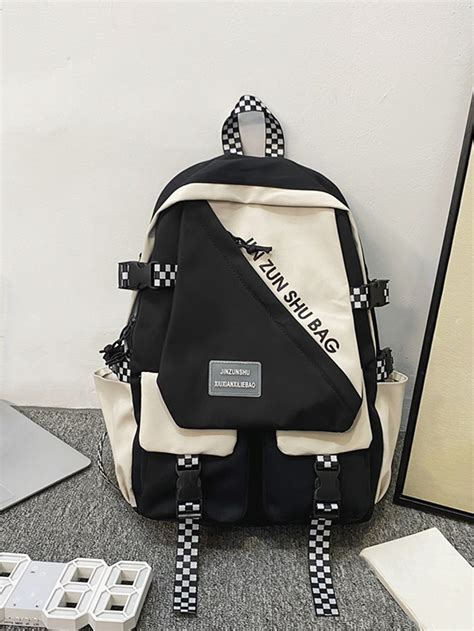 Checkered Pattern Letter Patch Decor Functional Backpack | Stylish ...
