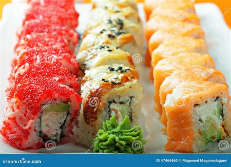Different Sushi Rolls and Wasabi Closeup Stock Photo - Image of closeup ...