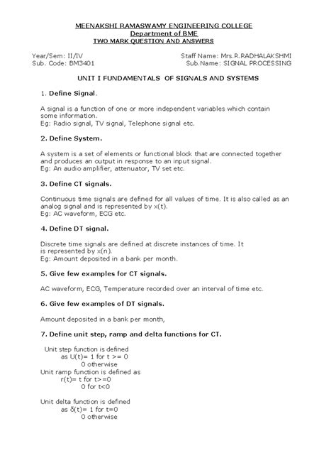 SP BM3401 Two Mark Questions and Answers - Signal Processing - Studocu