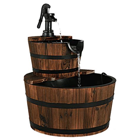 Buy 2-Tier Barrel Waterfall Fountain Outdoor, Rustic Wood Barrel ...