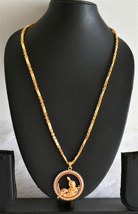 Gold tone 24 inches chain with ruby-white krishna round pendant dj-519 ...