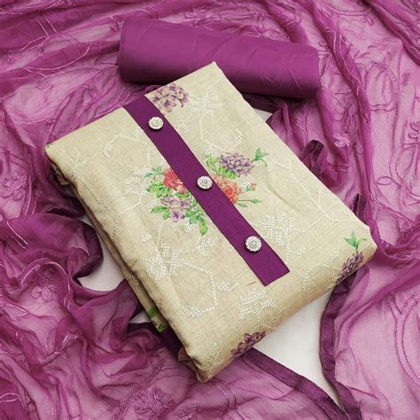 Chikoo Casual Wear Embroidery With Floral Printed Cotton Dress Materia