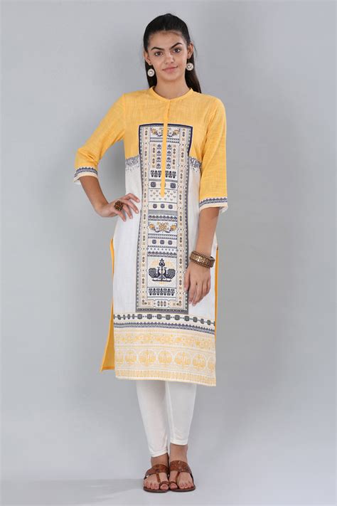Buy Yellow Mandarin Neck Printed kurta Online for Woman | Shop for Aurelia