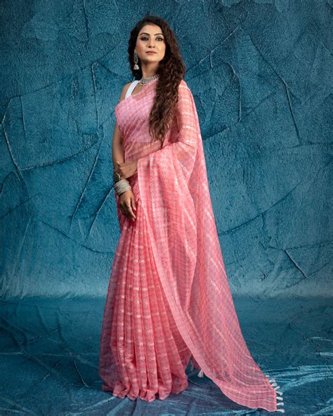 Taffy Pink And Off White Geometric Pattern Geometric Zari Sequins Embr ...