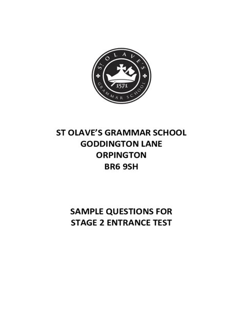 Fillable Online 11 Plus Past Papers & Answers: St Olave's Grammar ...