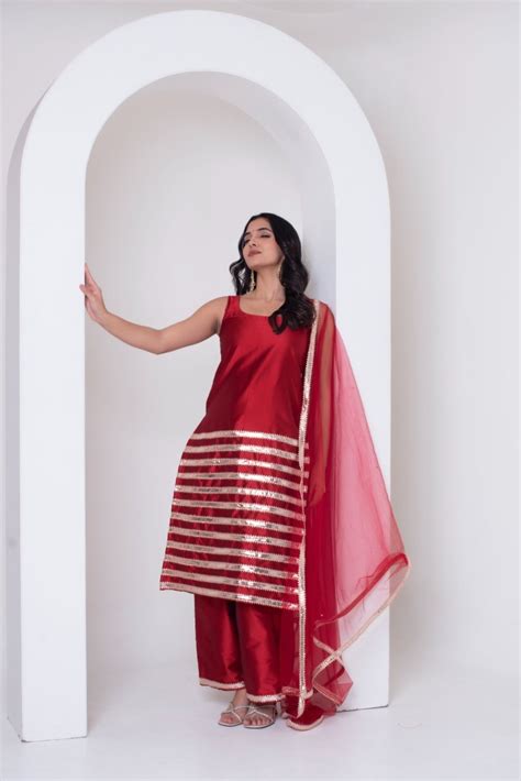 GHAZAL RED TAFFETA SILK GOTA PATTI SUIT SET WITH SOFT NET DUPATTA ...