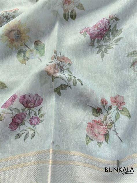 Shop Blue Linen Saree with Digital Floral Print and Zari Border – BUNKALA