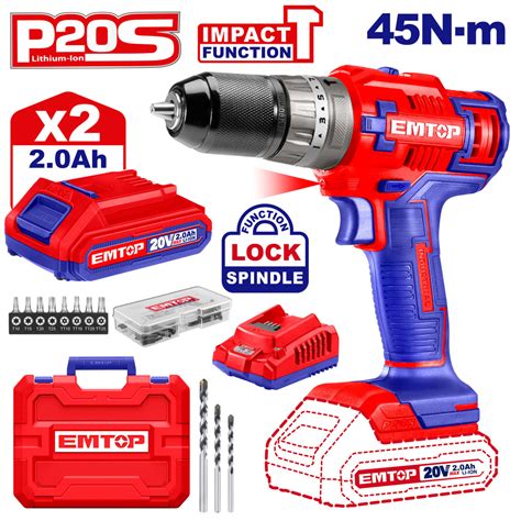 Emtop ECIDL6200128 Cordless Impact Drill | 20V, 45Nm Torque, 55 Access ...