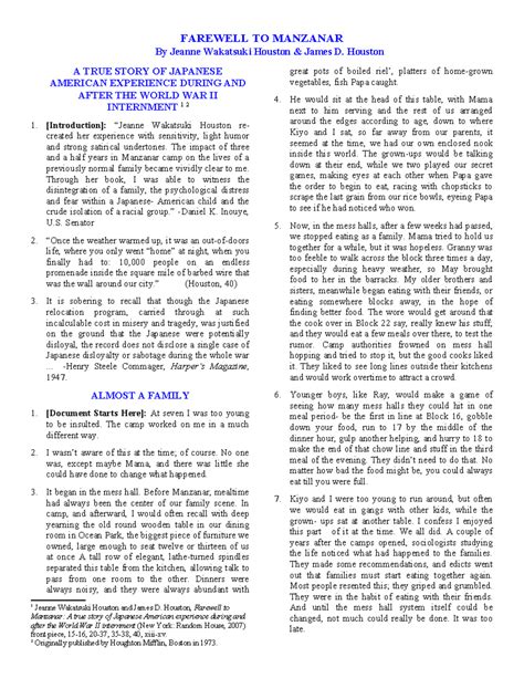 Farewell to Manzanar - FAREWELL TO MANZANAR By Jeanne Wakatsuki Houston ...