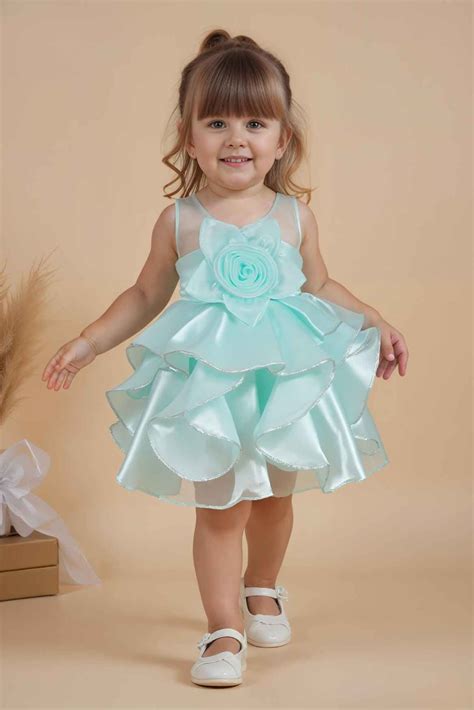 Sea Green Ruffled Organza Party Frock With Floral Appliqué For Girls ...