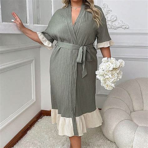 YanQiao Women Plus Size Robe Ruffle Half Sleeve Lightweight Bathrobe ...