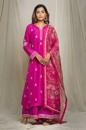 Buy Pink Dupion Silk Gota Patti And Floral, Zardozi Embroidered Kurta ...