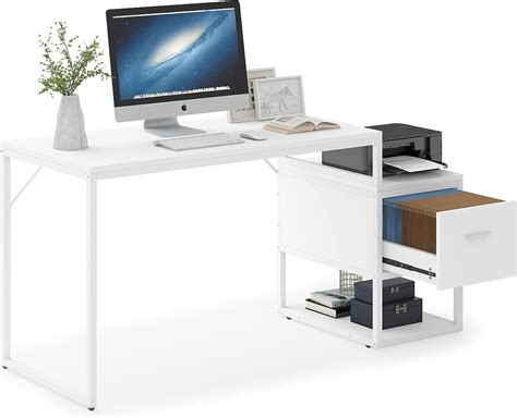 Buy Tribesigns Computer Office Desk with Drawer, 47 Inch Modern White ...