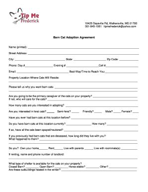 Fillable Online tipmefrederick Barn Cat Adoption Agreement (PDF) - Tip ...