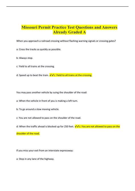 Missouri Permit Practice Test Questions and Answers Already Graded A ...